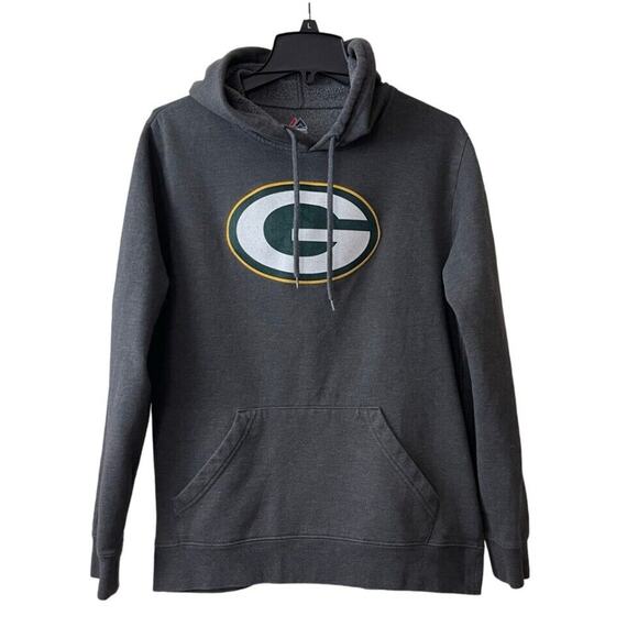 Majestic Green Bay Packers Hoodie Mens Medium Gray Sweatshirt Drawstring Logo - Picture 1 of 11